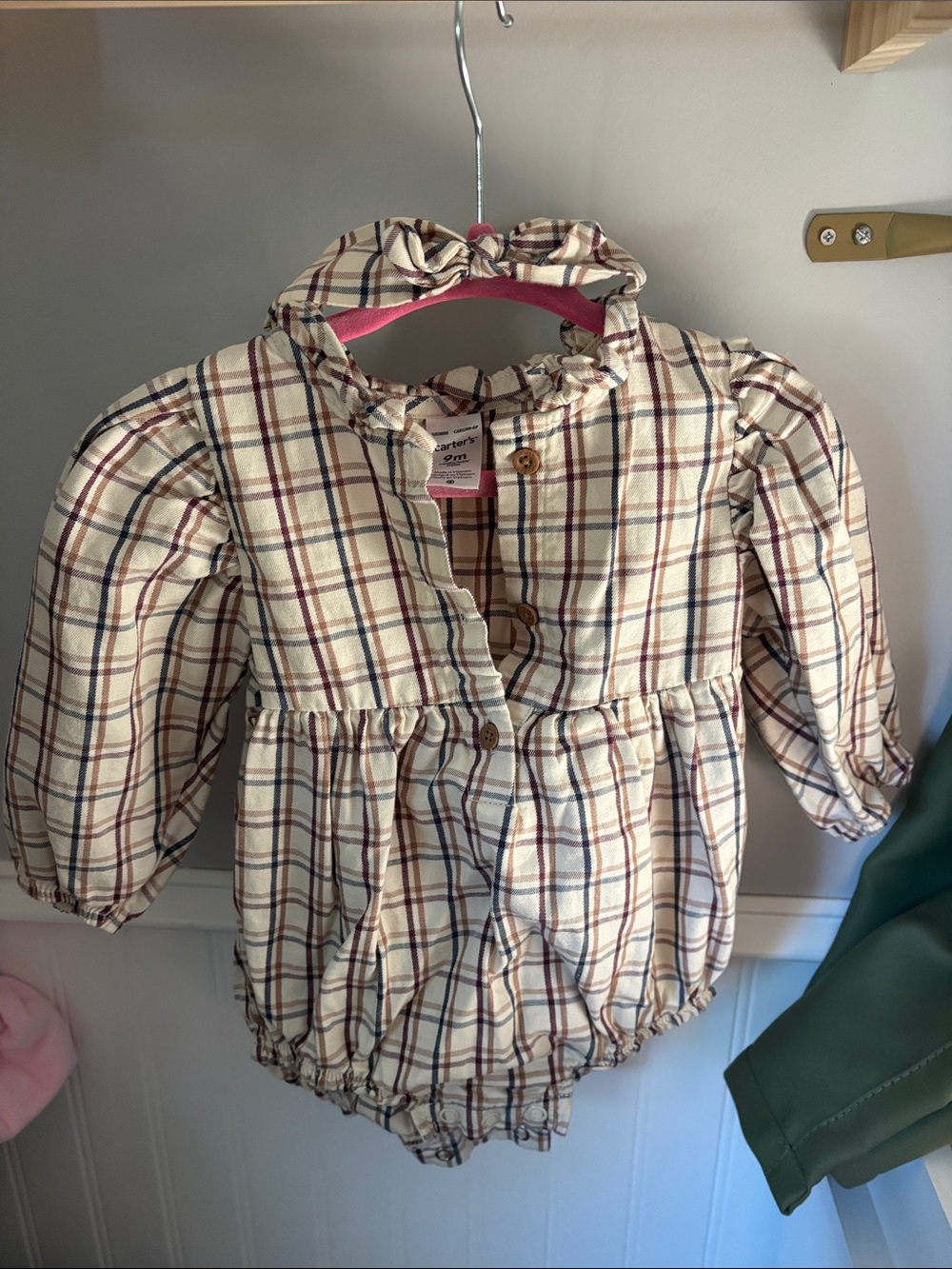 Plaid Ruffle Romper & Bow- 9 mos.